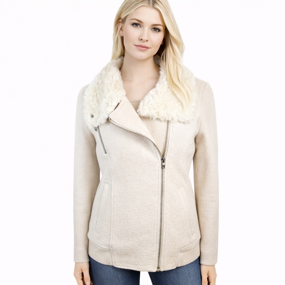Zara Trafaluc Moto Asymmetrical Zip Coat Faux Fur Blush Pink Wool Jacket Size XS - Picture 1 of 11